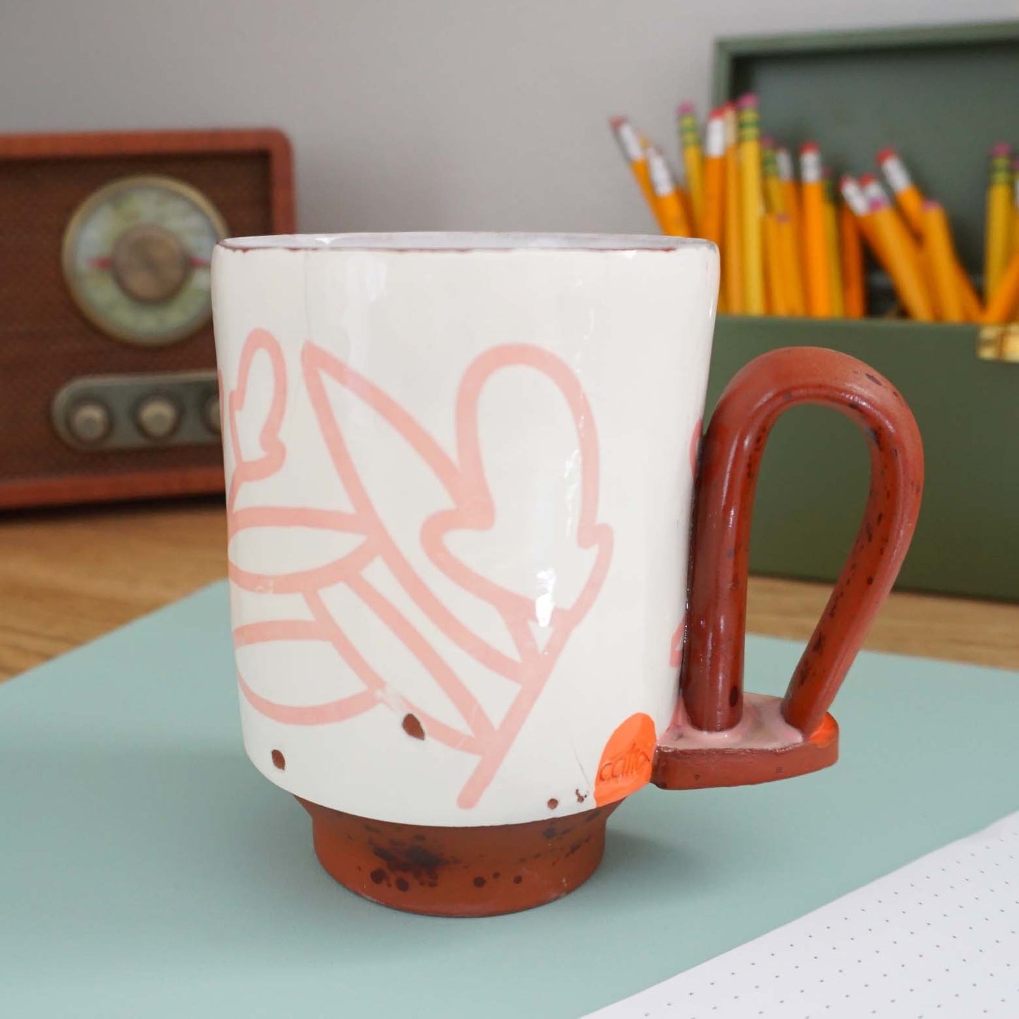 Bold Botanical Loop Handle Mug Pink on White