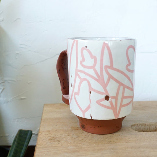 Bold Botanical Loop Handle Mug Pink on White