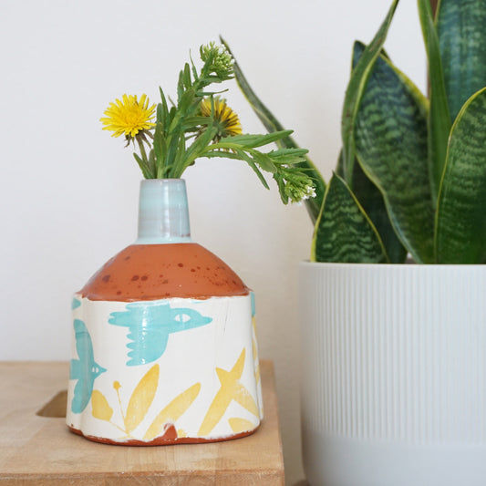 Overlay Collection Vase Blue Birds & Yellow Leaves
