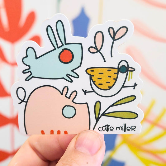 Bunny Pig and Bird Vinyl Sticker